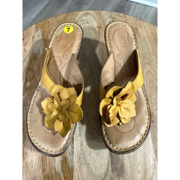 Born Shoes - Born Radiance Wedge Leather Sandals, Yellow, size 7/38, Flower, Thong, Comfort